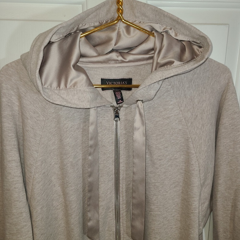 NWOT Victoria's Secret Full Zip Pockets Silky Hoodie Fat Ribbons Oversized Lg